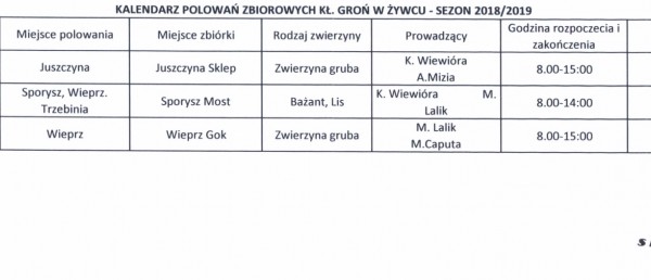 KALENDARZ polowań zbiorowych kł. GROŃ w Żywcu w sezonie 2018/2019