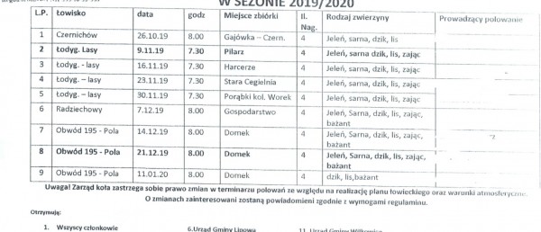Koło Łowieckie: ''PUSZCZYK'' - terminarz polowań zbiorowych na terenie obwodu nr 195 w sezonie 2019/2020