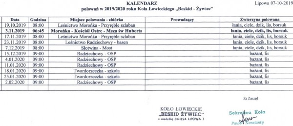 Koło Łowieckie: ''Beskid  - Żywiec'' - kalendarz polowań w sezonie 2019/2020