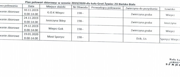 Koło Łowieckie: Groń Żywiec ZO Bielsko-Biała - kalendarz polowań w sezonie 2019/2020