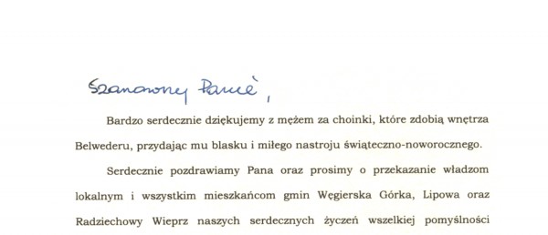 Podziękowanie Pani Anny Komorowskiej  dla Gminy Radziechowy-Wieprz